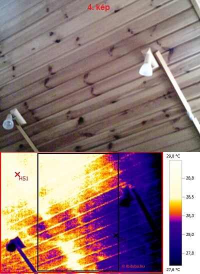 4. kép. Valós és hőképen a tető síkjával párhuzamos ferde részen meleg foltok.