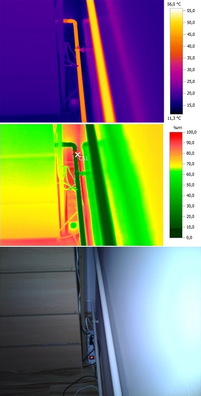 Felül szekrény melleti sarok hőképe fűtéscsövekkel, középen ugyanezen sarok a páratartalmat kiemelve, alul a valós kép.
